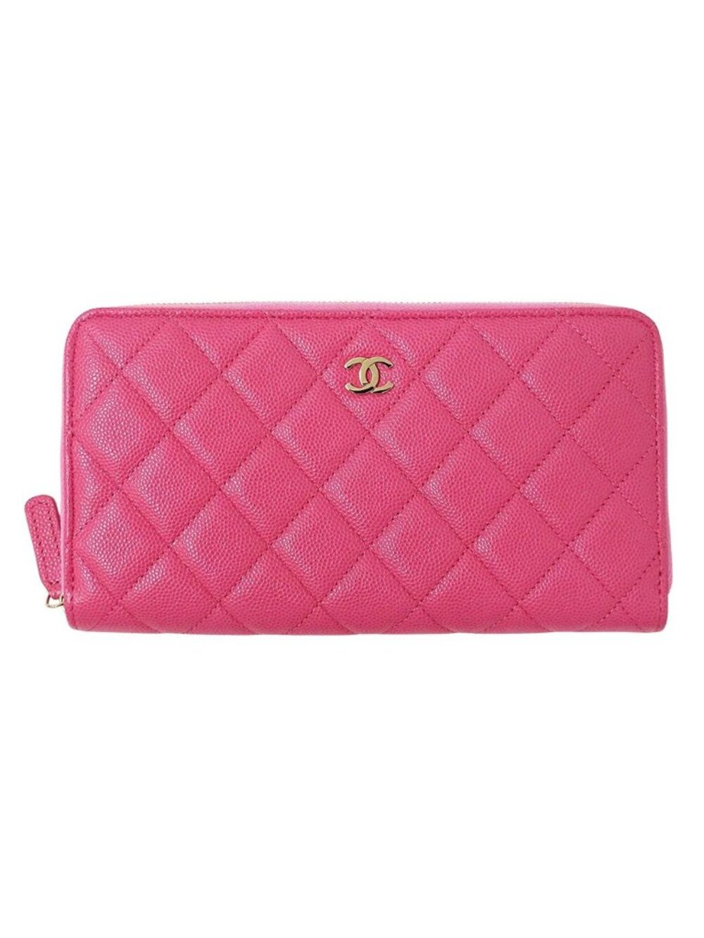 Chanel Wallet Quilted Chief Caviar Leather Pink Gold Zip Around